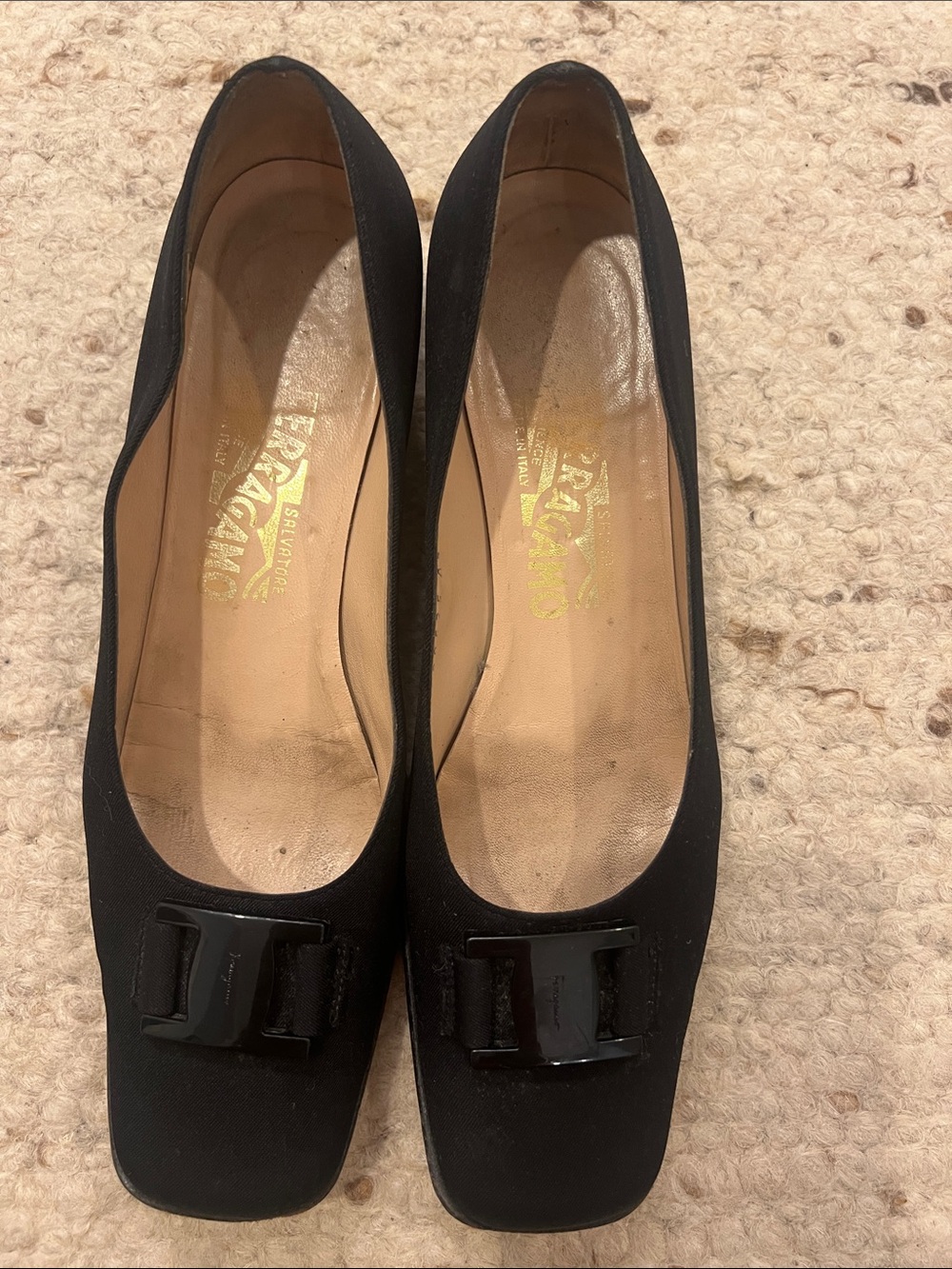 Salvatore Ferragamo Black Square-Toe Pump with Patent Logo Bow